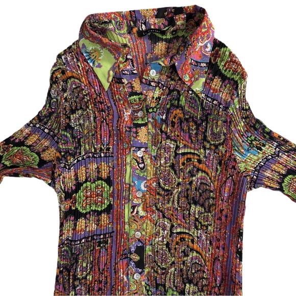 Y2K LE CAVIAR women's bright multi colour abstract pattern flare cuff blouse, XL - Picture 4 of 9